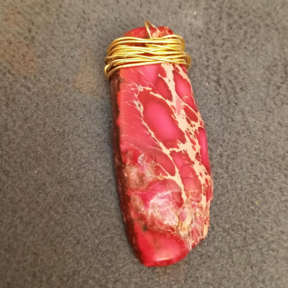 Hand crafted Pink turquoise gold plated wire wrapped gemstone pendant